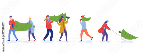 Bundle of people carrying  buying Christmas trees and celebrating winter holidays. Men  women characters  family do shopping for New Year celebration. Flat cartoon vector illustration