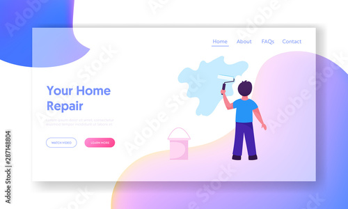 Interior Design and Overhaul Website Landing Page. Little Boy Coloring Wall with Painting Roller Helping to Make Renovation for Parents. Kid Artist Web Page Banner. Cartoon Flat Vector Illustration