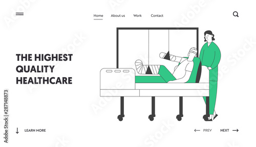 Staff Medical Detour in Traumatology Department in Hospital Website Landing Page. Nurse Stand in Chamber with Patient Lying on Bed with Bounded Head Web Page Banner. Cartoon Flat Vector Illustration
