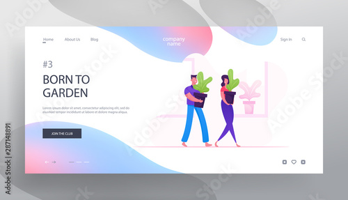 Happy Couple Care of Homeplants Website Landing Page. Man and Woman Carry Huge Flowerpots with Green Plants at Home Interior Doing Everyday Routine Web Page Banner. Cartoon Flat Vector Illustration