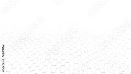 Wave with connecting dots and lines on white background. Vector abstract hexagon background.