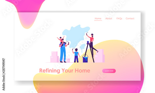 Happy Family with Kids Making Renovation at Home Website Landing Page. Parents and Children Spend Time Together Painting Wall with Rollers in New House Web Page Banner Cartoon Flat Vector Illustration