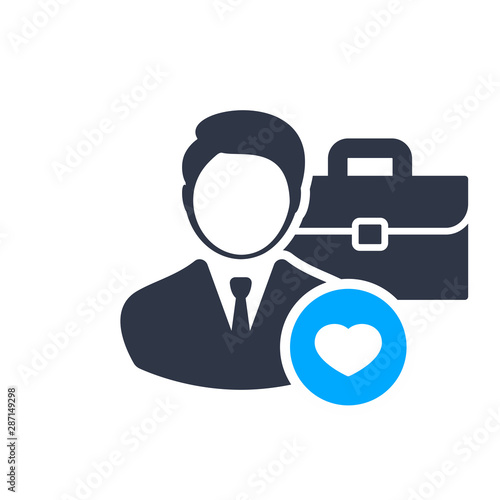 Job offer concept. briefcase. Management. Headhunting icon with heart sign, favorite, like, love, care symbol