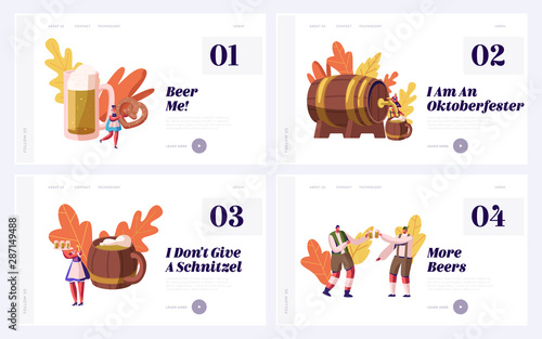 Oktoberfest Beer Festival Scenes Website Landing Page Set with People in Bavarian Traditional Costumes Drinking Beer, Eating Pretzels and Having Fun Web Page Banner. Cartoon Flat Vector Illustration