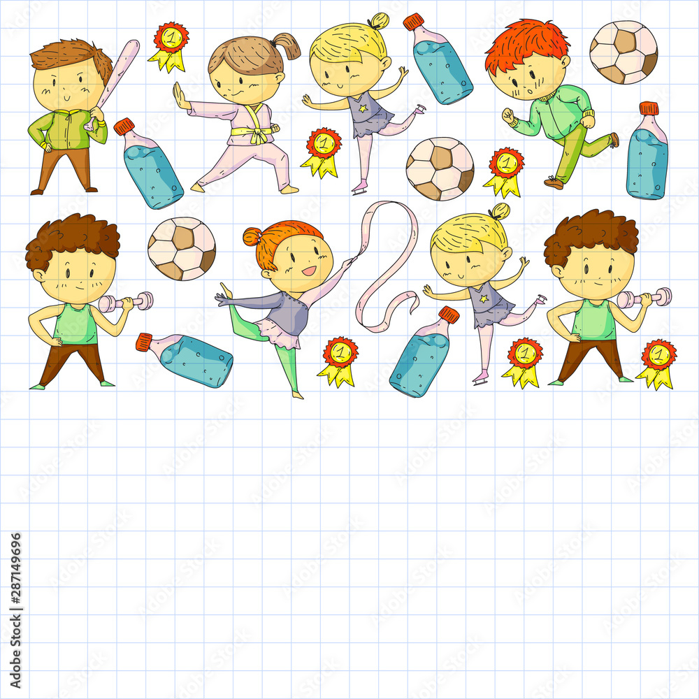 Children and sport. Vector illustration of activities. Football, soccer, running, dancing, martial arts. Health care in school and kindergarten. Children and sport. Vector illustration of activities. Football, soccer, running, dancing, martial arts. Health care in school and kindergarten.