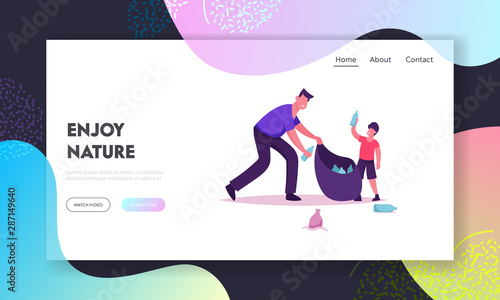 Father and Son Volunteers Collecting Trash to Bag Website Landing Page. Man and Boy Picking Up Litter During Cleanup. Environmental Pollution Problem Web Page Banner. Cartoon Flat Vector Illustration