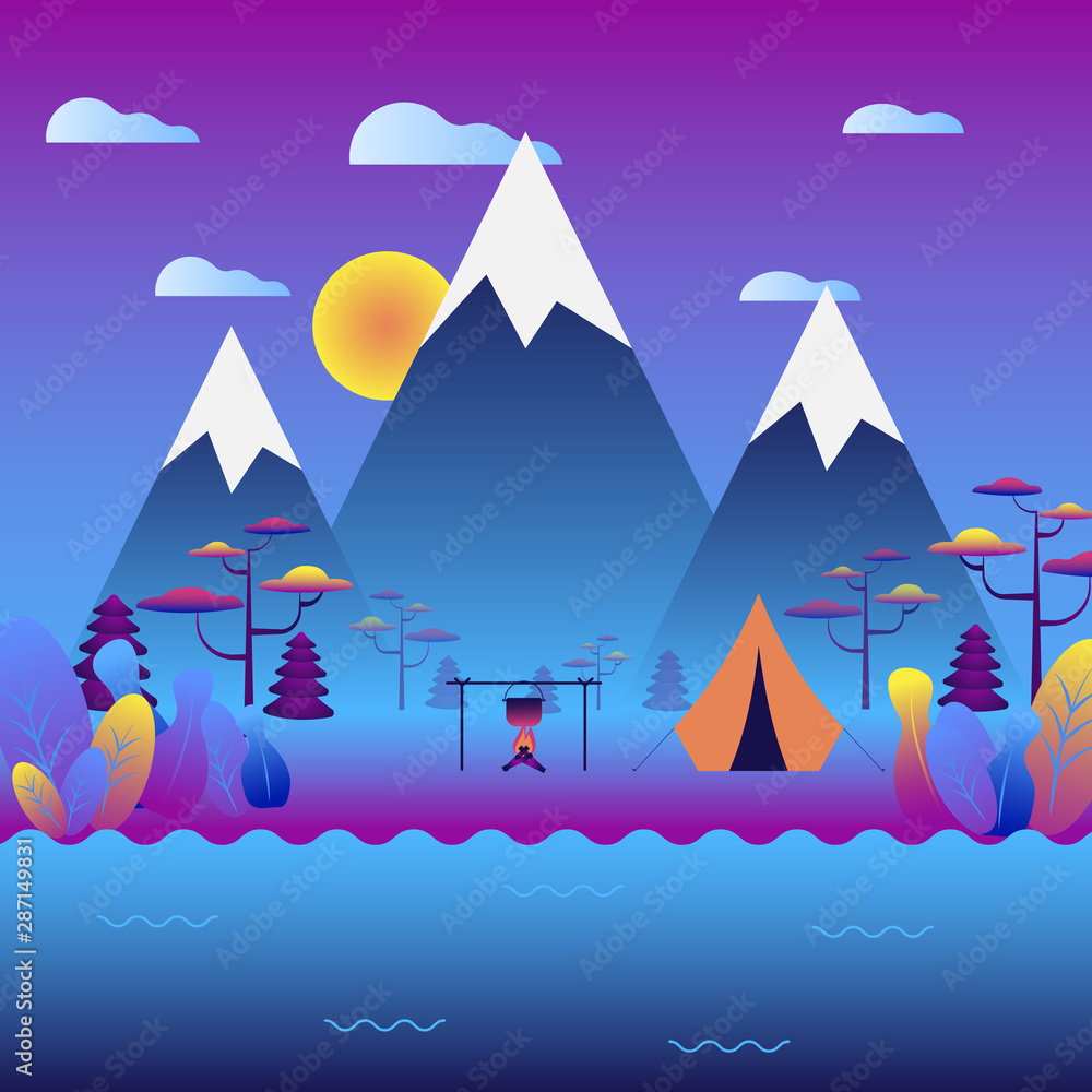 Vector illustration of camping in night time with beautiful view on mountains. 