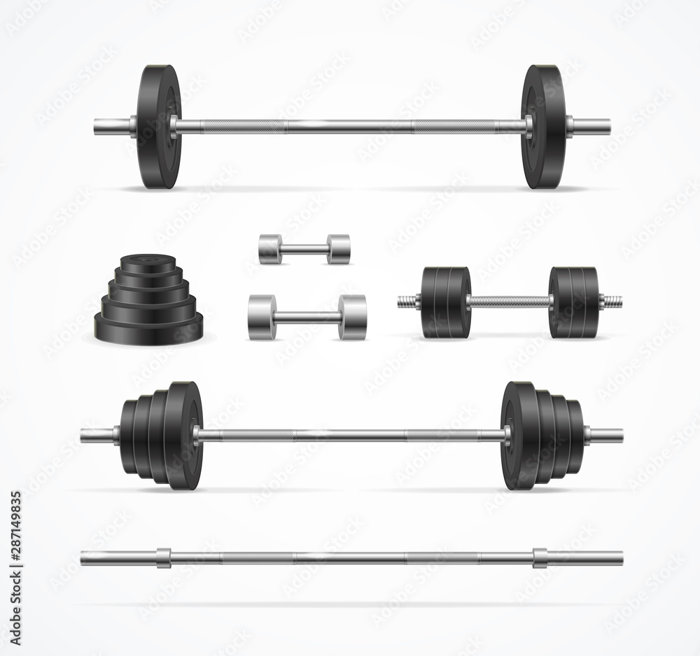Realistic Detailed 3d Different Barbell Set. Vector Realistic Detailed 3d Different Barbell Set. Vector