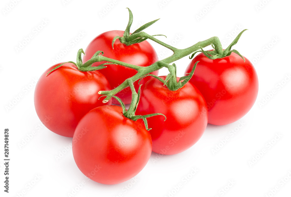 Branch of delicious fresh tomatoes, isolated on white background Branch of delicious fresh tomatoes, isolated on white background