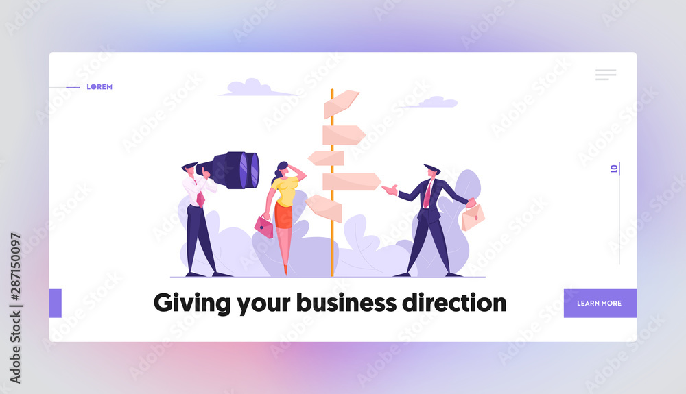 Choice Way Concept Website Landing Page. Confused Business People Stand at Road Directions Pointer Making Decision what Path to Choose. Crossroad Web Page Banner. Cartoon Flat Vector Illustration