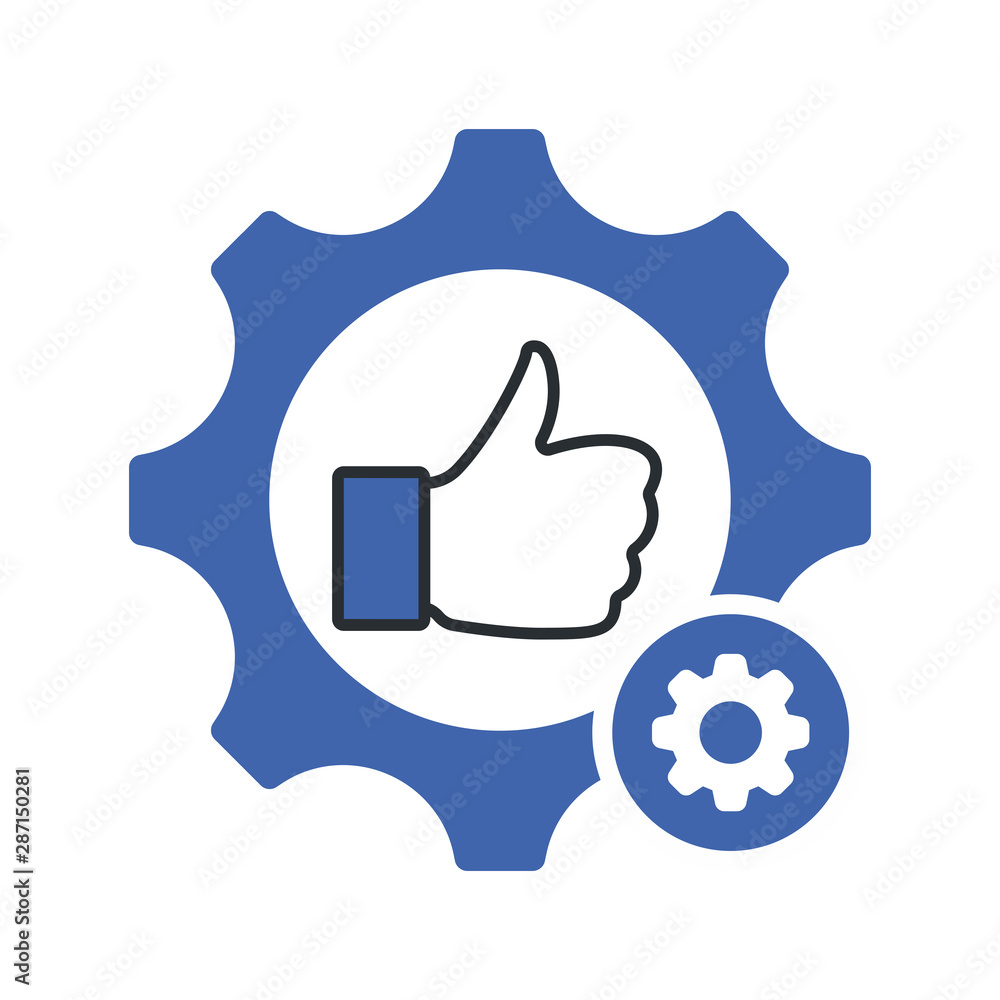 Vettoriale Stock Quality control symbol with thumb up in gear sign. Quality  management icon with settings sign, customize, setup, manage, process symbol  | Adobe Stock