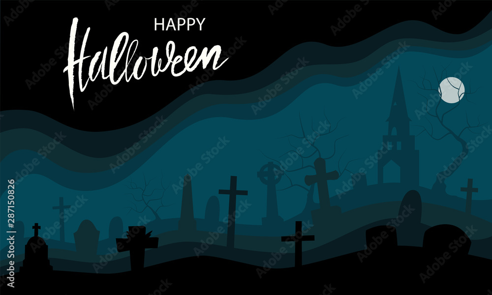 Happy Halloween. Dark banner with silhouette old cemetery, trees and moon. Happy halloween handwritten calligraphic card. Flat cartoon style vector illustration and brush lettering
