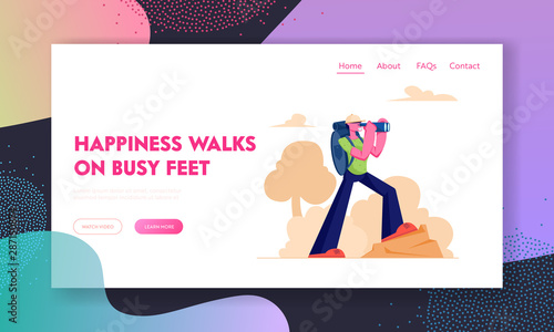 Camping or Backpacking Outdoor Activity Website Landing Page. Hiking Man Trekking with Binocular and Backpack Walking in Mountains or Hills, Traveling Web Page Banner. Cartoon Flat Vector Illustration