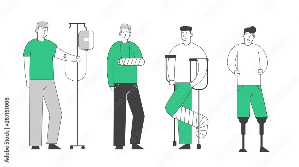 Disabled Male Characters Stand in Raw. Man with Dropper, Broken Hand and Leg Patients and Handicapped Person with Feet Prosthesis. Disability Concept Cartoon Flat Vector Illustration, Line Art Style Disabled Male Characters Stand in Raw. Man with Dropper, Broken Hand and Leg Patients and Handicapped Person with Feet Prosthesis. Disability Concept Cartoon Flat Vector Illustration, Line Art Style