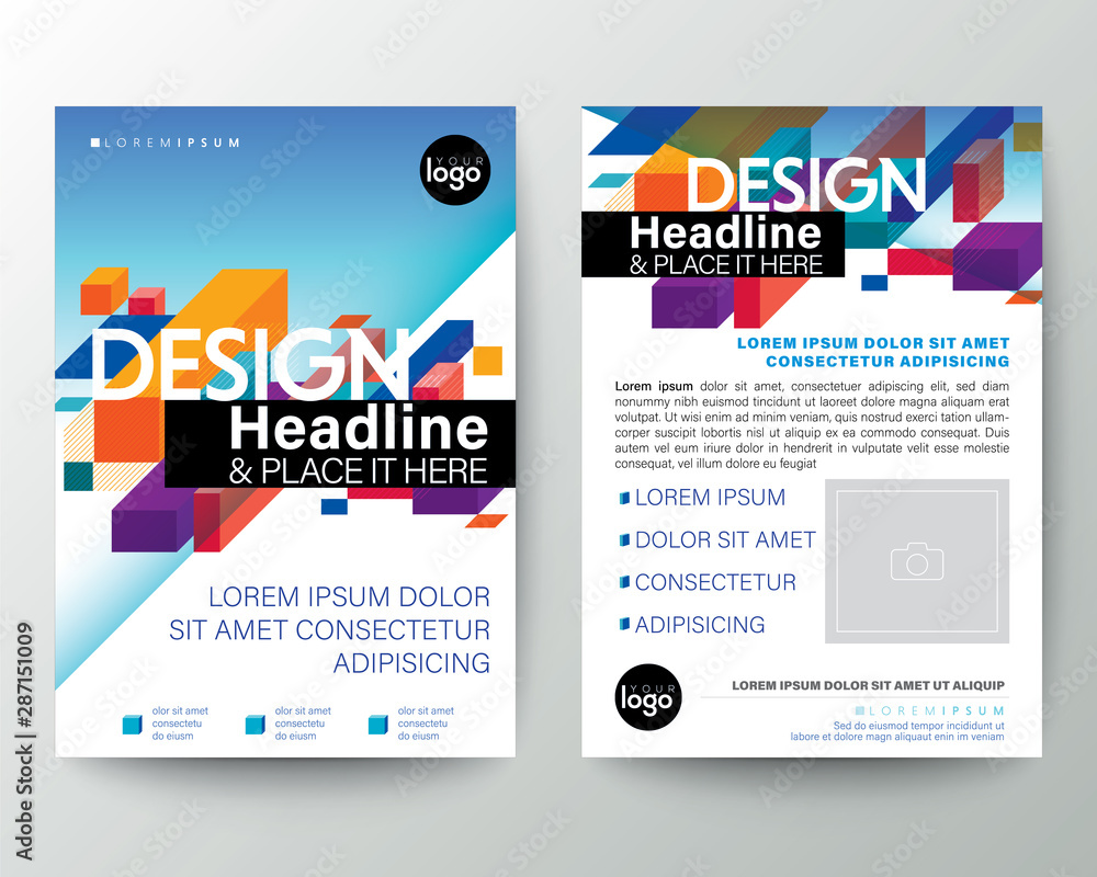 Modern brochure cover flyer poster design layout vector template. Colorful abstract isometric block in random size graphic element background.
