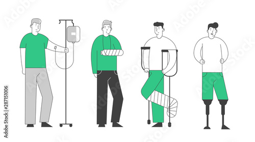 Disabled Male Characters Stand in Raw. Man with Dropper, Broken Hand and Leg Patients and Handicapped Person with Feet Prosthesis. Disability Concept Cartoon Flat Vector Illustration, Line Art Style