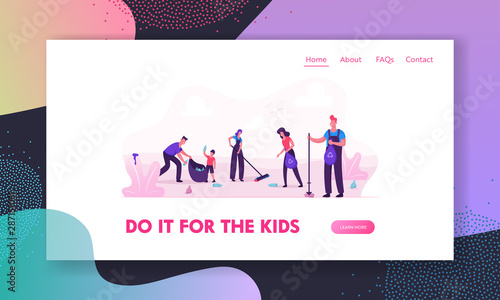 Volunteers Cleaning Garbage in City Park or Beach Area Website Landing Page. Men Women Kids Collect Trash to Sacks, Racking Ground, Ecology Protection Web Page Banner. Cartoon Flat Vector Illustration