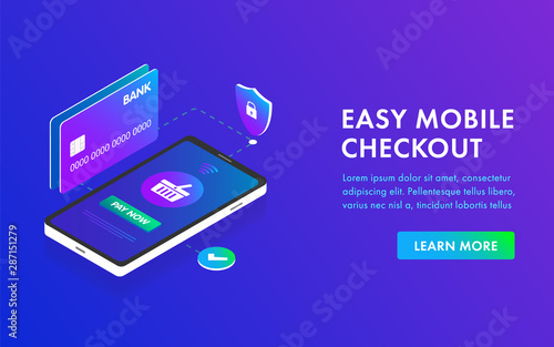 Phone and Bank card Isometric 3D concept image easy payment flat design template, landing page, header and banner. Concept of mobile checkout payments, shopping smartphone, personal data protection