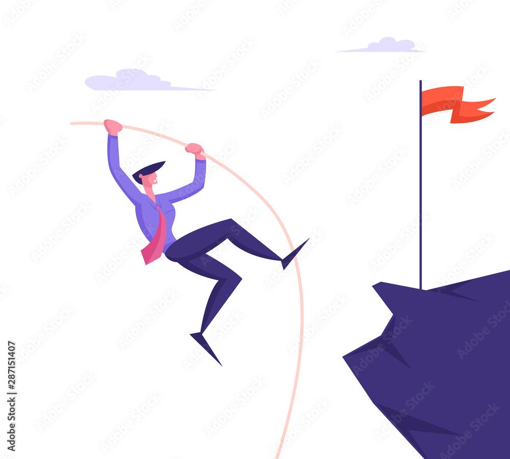 Overcoming Obstacles and Business Competition Concept with Businessman Pole Vaulting on Top of High Rock with Red Flag to Achieve Goal. Career Boost and Task Solution. Cartoon Flat Vector Illustration