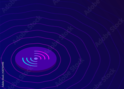 Wireless charging isometric illustration concept. Smart phone is charged while on the stand with qi charge station