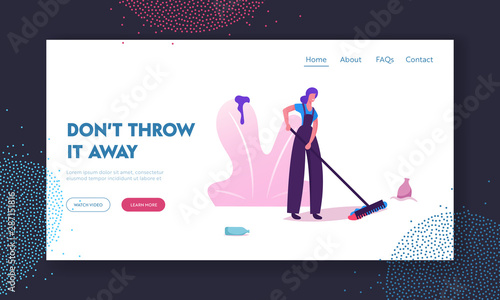 Volunteering and Ecology Protection Website Landing Page. Girl Volunteer in Working Overall Cleaning Garbage in Park Racking Ground, Collecting Trash Web Page Banner. Cartoon Flat Vector Illustration