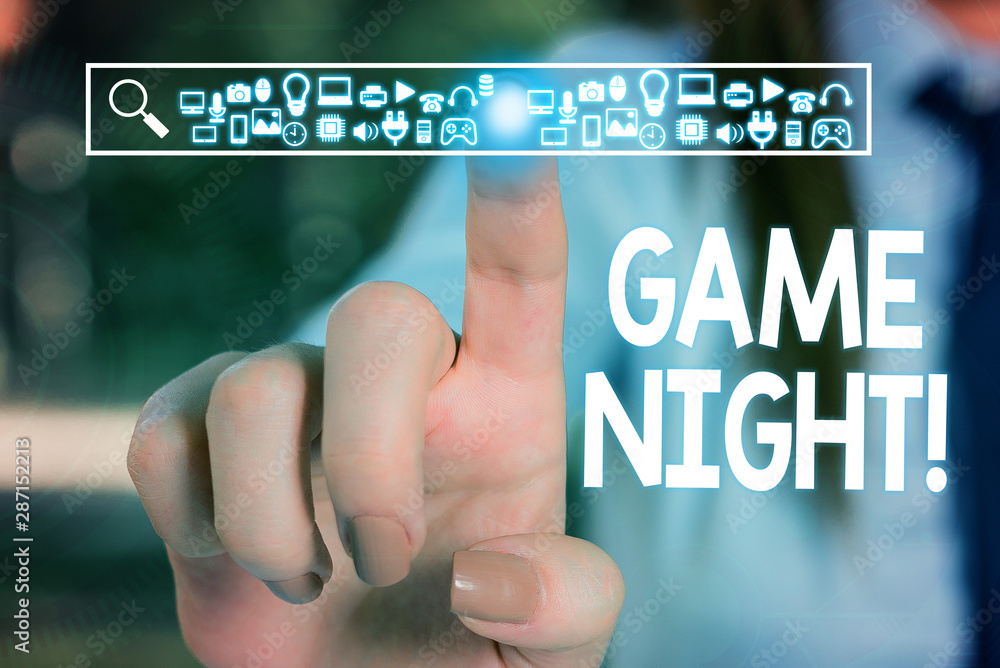 Text sign showing Game Night. Business photo text usually its called on adult play dates like poker with friends Woman wear formal work suit presenting presentation using smart device Text sign showing Game Night. Business photo text usually its called on adult play dates like poker with friends Woman wear formal work suit presenting presentation using smart device