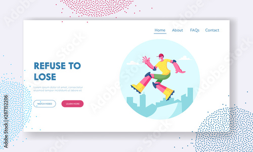 Skateboarding Outdoors Activity Website Landing Page. Young Man in Modern Fashioned Clothing and Cap Jumping on Skateboard. Skateboarder in Skatepark Web Page Banner. Cartoon Flat Vector Illustration