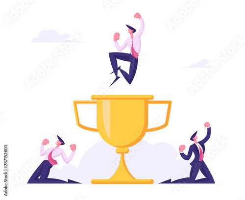 Cheerful Business People Laughing and Cry Yeah with Hands Up around of Huge Gold Cup with Businessman Man on Top. Employees Rejoice for New Project Success Celebrating Cartoon Flat Vector Illustration