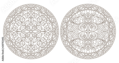 Set contour illustrations of stained glass, round stained glass floral, dark outline on a white background