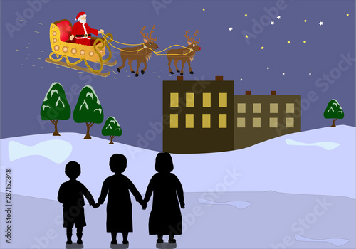 Babbo natale con slitta e renne volano in cielo con i bambini che lo osservano
