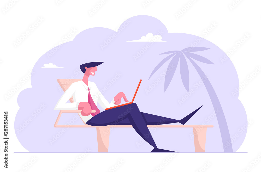 Handsome Businessman in Formal Wear Sitting on Daybed under Palm Trees on Exotic Tropical Beach Working on Laptop. Freelancer or Distant Employee, Summer Vacation. Cartoon Flat Vector Illustration