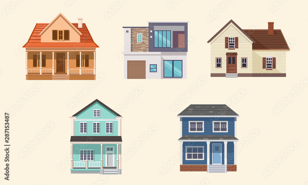 City Vector home set, modern front view, flat architectural, illustration, construction housing