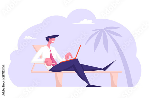 Handsome Businessman in Formal Wear Sitting on Daybed under Palm Trees on Exotic Tropical Beach Working on Laptop. Freelancer or Distant Employee, Summer Vacation. Cartoon Flat Vector Illustration