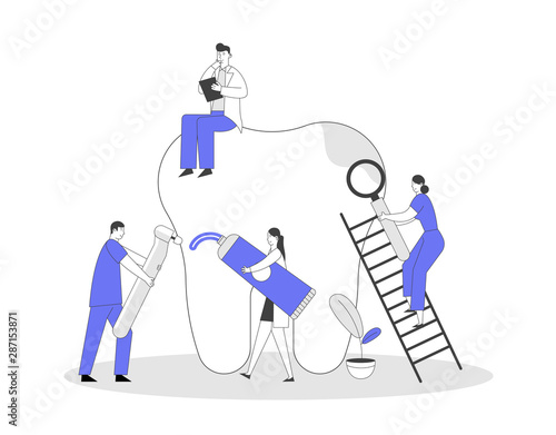 Small Dentists People Cleaning, Treating Big Unhealthy Tooth Plaque and Caries Hole. Doctors Work Together Brushing Scaling Drilling Plaque. Stomatology, Dentistry. Cartoon Flat Vector Illustration
