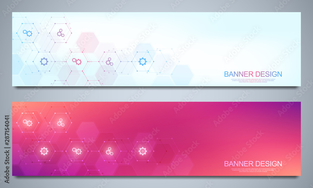 Banner design templates for technological and scientific decoration with gears and cogs icons.