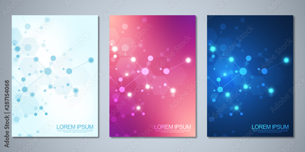 Vector template brochures or cover design, book, flyer, with molecules background and neural network. Abstract geometric background of connected lines and dots. Science and technology concept.