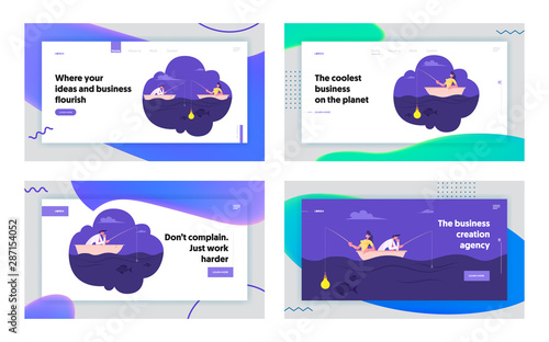 Creative Idea and Useless Work Website Landing Page Set. Businesspeople Sit in Boat Fishing with Rods, Woman Use Lightbulb like Bait, Man have no Catch Web Page Banner Cartoon Flat Vector Illustration
