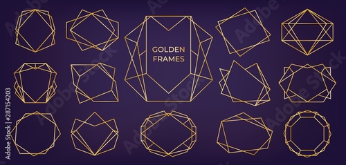Golden geometric frame. Wedding and birthday invitation cards line polyhedron elements, modern art deco abstract borders. Vector set modern illustration invites frames various shape