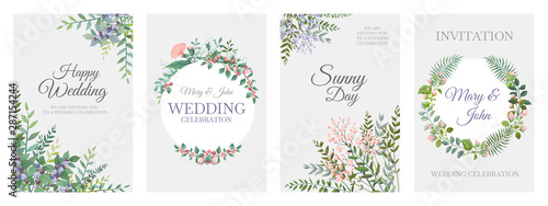 Wedding greenery posters. Green floral frame cards, trendy plants wreath and borders, vintage rustic elements. Vector illustration minimalistic bohemian cards for invitation template photo