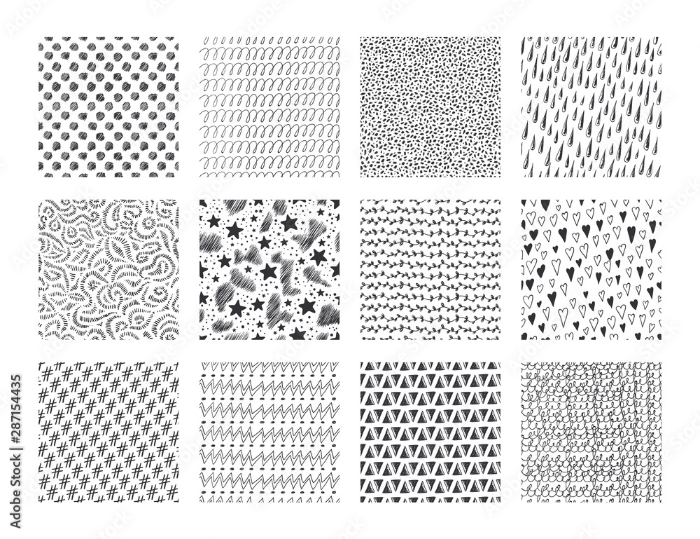 Hand drawn seamless textures. Ink brush patterns with simple and grunge doodle elements, strokes dots and waves. Vector illustration abstract ethnic fabric black on white template set