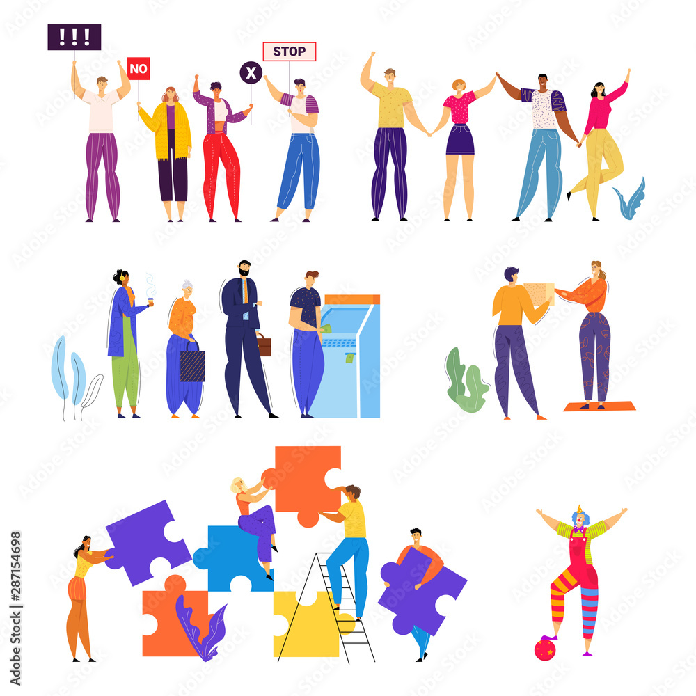 Set of Men and Women Take Part in Demonstration with Banners in Hands, Using ATM Machine in Bank, Giving Presents. Teamwork Business People Set Up Puzzle, Clown Actor. Cartoon Flat Vector Illustration