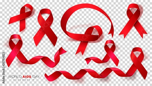 World Aids Day. Red Color Ribbon Isolated On Transparent Background. Vector Design Template For Poster. photo