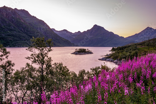 It`s a white night on the Lofoten Islands in Norway.    Tranquil views of the Innerfjorden and small island Brynnelslåttholmen. The photo was taken with a long exposure. © Marat Magomedov