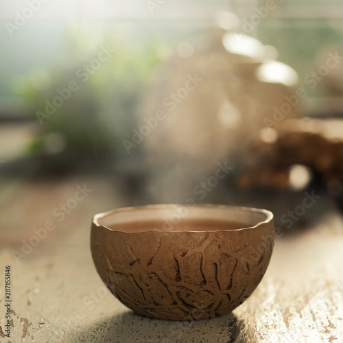 Tea composition on wooden table, close up