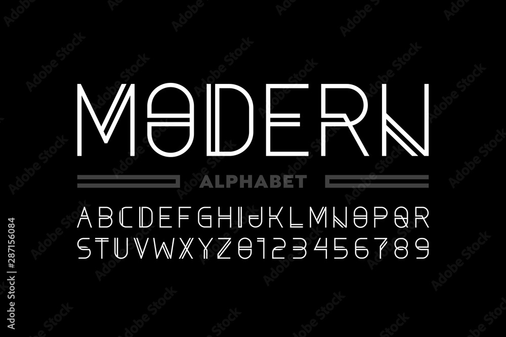 Modern style font, alphabet letters and numbers