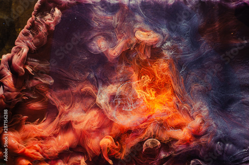 Steam background. Cave bonfire. Purple orange glitter glowing smoke.