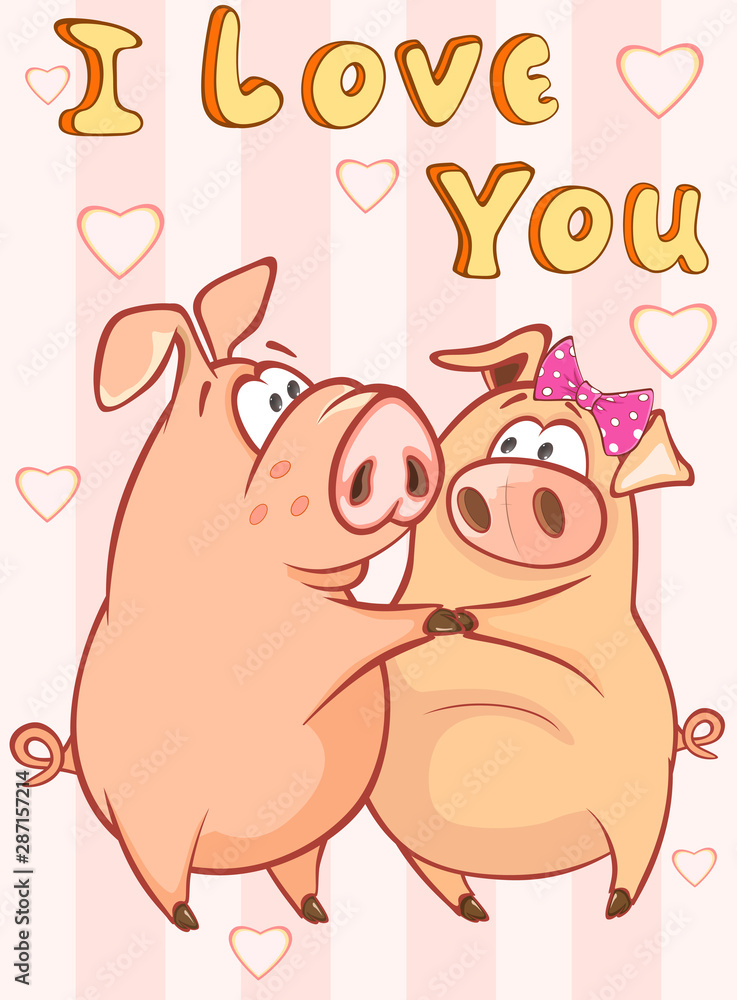 Obraz premium Happy Birthday Card Little Pig with Gift Pie. Vector Greeting Card. Happy Moment. Congratulation