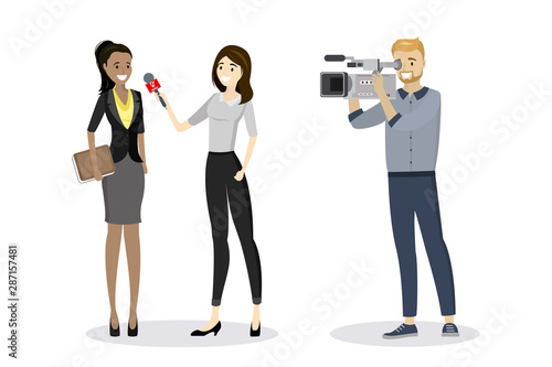 Beautiful female reporter with microphone interviews african american businesswoman and cameraman shoots video