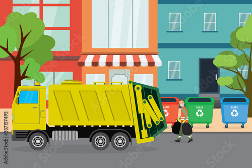 City waste recycling concept with garbage truck and garbage collector on city background
