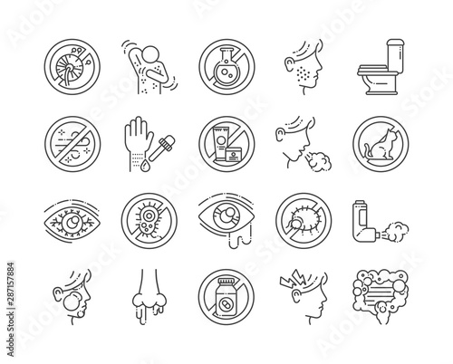 Allergy and symptoms line black icons set. Dermatological, infectious disease. Food intolerance, poisoning. Flu, influenza. Sign for web page, mobile app,. Vector isolated element. Editable stroke.